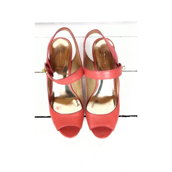 Coach open toe wooden platform wedge sandal/high heel peep toe wedge leather - Picture 4 of 8